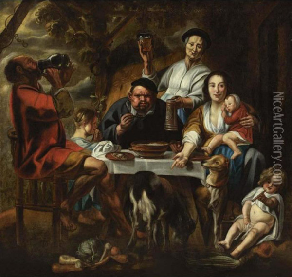 A Peasant Eating Porridge At A 
Table Together With A Mother And Child And Other Figures Drinking And 
Eating, Dogs In The Foreground Oil Painting - Jacob Jordaens