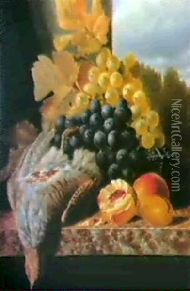 A Partridge, With Grapes, Peaches, And A Plum On A Marble   Ledge Oil Painting - Edward Ladell