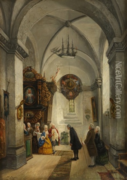 Kirkeinterior Med Mennesker Oil Painting - Hans Emil Jahn