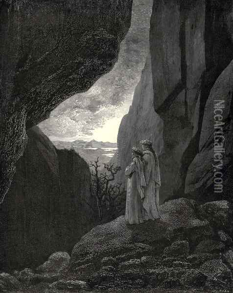 The Inferno, Canto 34, lines 127-129: By that hidden way My guide and I did enter, to return To the fair world Oil Painting - Gustave Dore