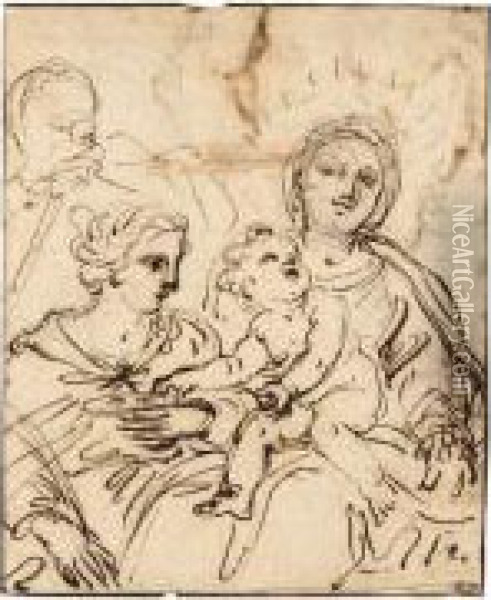 Verso: Madonna And Child With 
Saint Lucy And Another Figure Recto: Partial Studies Of A Madonna And 
Child And A Male Torso Oil Painting - Giacinto Calandrucci