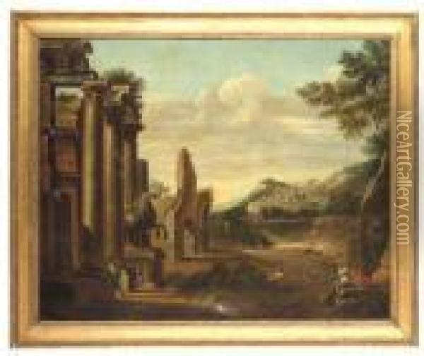 A Capriccio Of Classical Ruins With Figures On A Road, A Landscapewith A Town Beyond Oil Painting - Viviano Codazzi