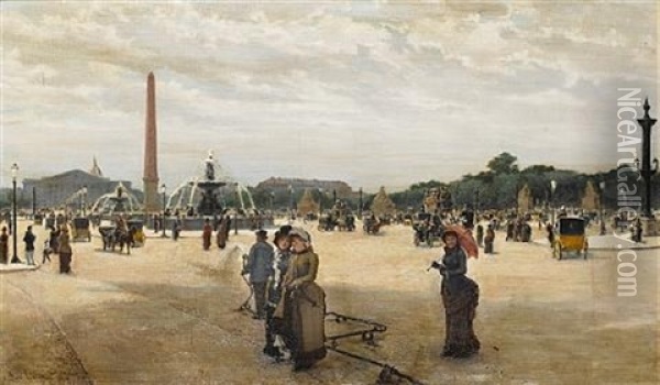 A Busy Morning, Place De La Concorde Oil Painting - Giovanni Lessi