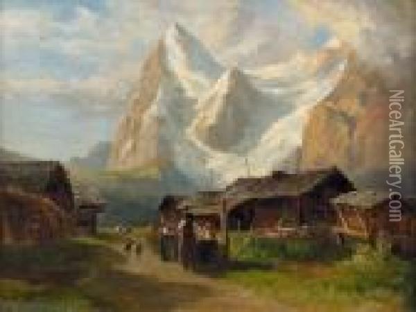 Dorfidylle In Den Alpen. Oil Painting - Jakob Joseph Zelger
