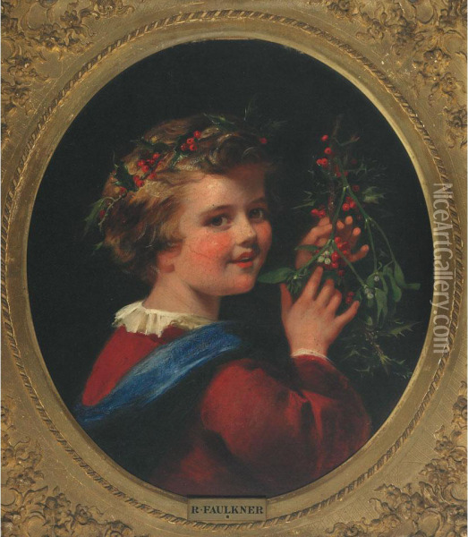 Winter - Girl In Holly Wreath Crown Holding A Sprig Ofholly Oil Painting - Benjamin Rawlinson Faulkner