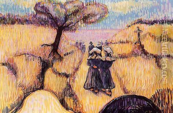 Landscape with Strolling Breton Women Oil Painting - Charles Laval