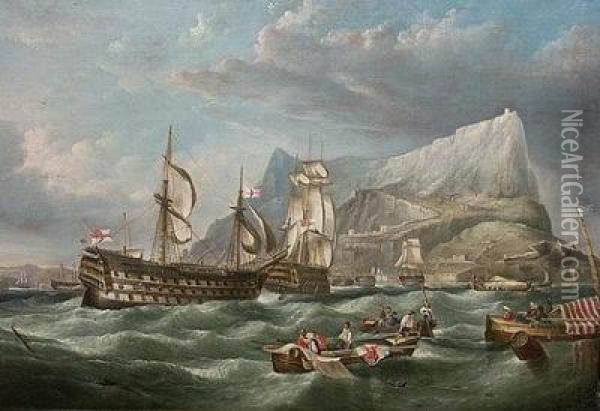 The Towing Of Hms Victory Into Gibraltar. Oil Painting - William Clarkson Stanfield