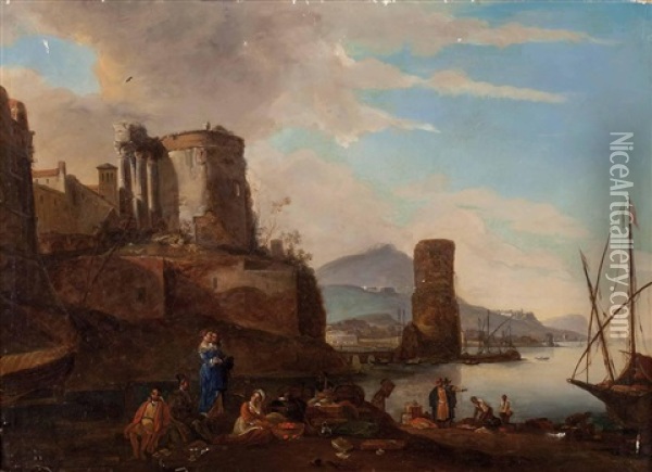 Seestuck Mit Festung, Ruinen Und Wartenden Reisenden Oil Painting - Philip James de Loutherbourg
