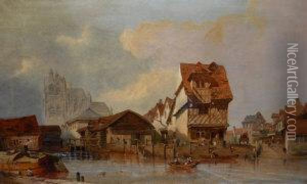 Figures On A River By A Town, With A Distant Cathedral Oil Painting - George Clarkson Stanfield