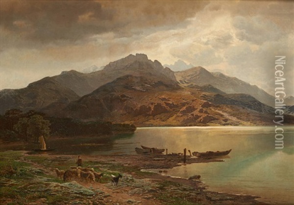 Vue Prise De Heren Insen Au Lac De Chien En Haute Baviere, Temps Orageux Oil Painting - Jean Francois Xavier Roffiaen