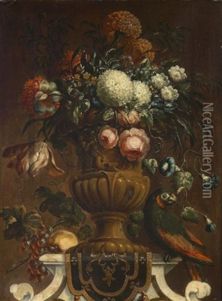 Roses, Chrysanthemums And Other Flowers In An Urn With Fruit And A Parrot On A Draped Stone Plinth Oil Painting - Gaspar Pieter Verbruggen the Younger
