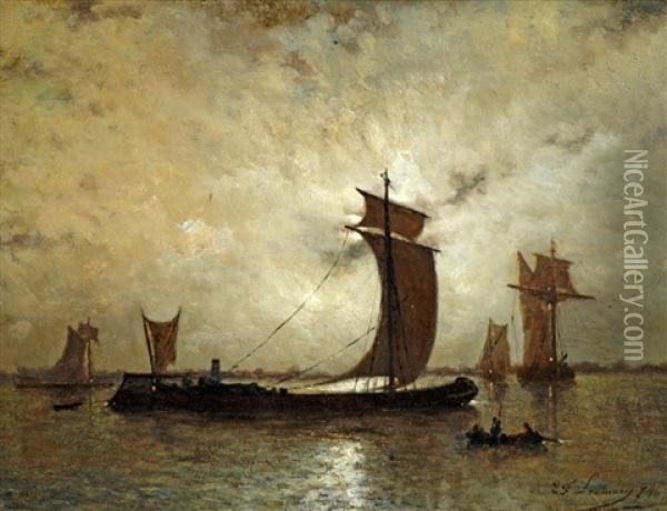 Shipping Scene In A Moonlit Estuary Oil Painting - Egide Francois Leemans