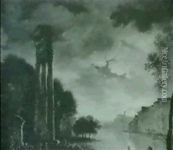 Nachtliche Kustenlandschaft Mit Antiken Ruinen Oil Painting - Hubert Robert