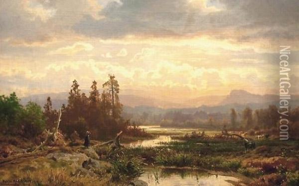 Budeie Med Kyr Ved Vann 1868 Oil Painting - Morten Muller