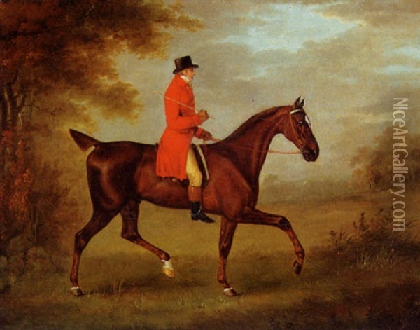 A Hunstman On A Bay Hunter, In A Landscape Oil Painting - John Nost Sartorius