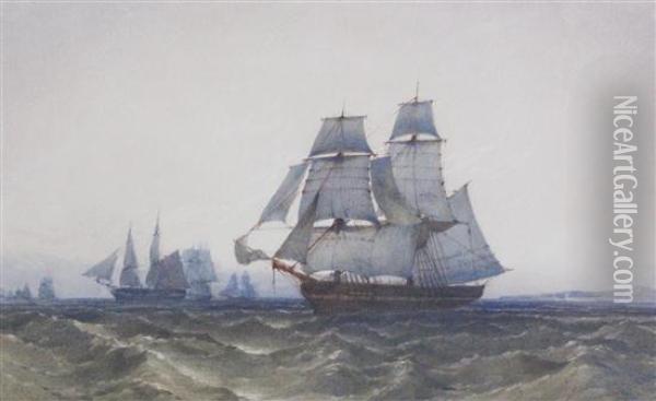 Frigates Off The Coast Oil Painting - John Callow