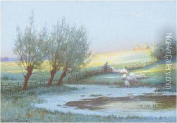 Sheep Watering Oil Painting - Baxter Morgan