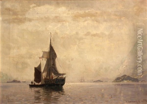 Fishing Boats In A Fjord Oil Painting - Georg Anton Rasmussen