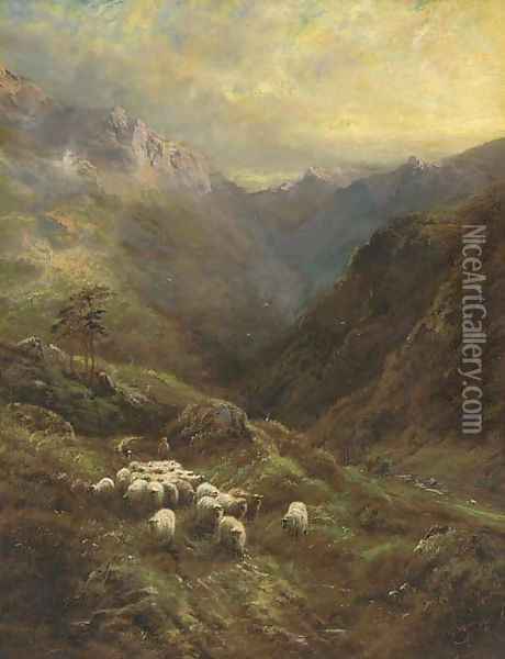 A shepherd with his flock in a Highland landscape Oil Painting - Robert Watson
