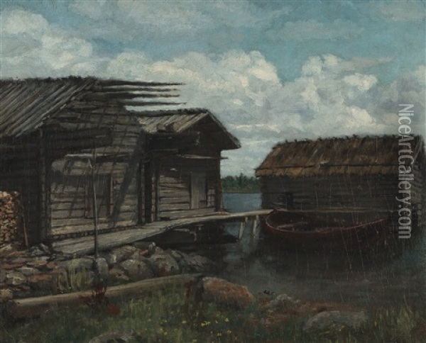 Boat Houses Oil Painting - Arvid Liljelund