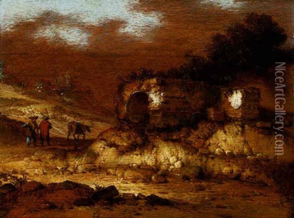 Travelers And Their Donkey On A Path Beside A Ruined Building Oil Painting - Jacob Sibrandi Mancadan