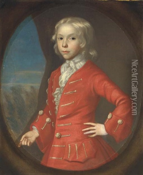 Portrait Of A Boy (charles, 3rd Duke Of Richmond?) In A Red Coat And White Cravat, A Landscape Beyond Oil Painting - George Smith of Chichester