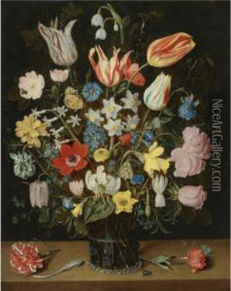 Still Life Of Roses, Tulips, A White Lily, Poppy Anemones,narcissi, Carnations, Columbine, Hyacinth, Snowdrop, Cyclamen,fritillary, Cornflower, Lily-of-the-valley, Crocus, Forget-me-notand Other Flowers, In A Glass Beaker On A Wooden Table Withbutterflies Oil Painting - Isaak Soreau