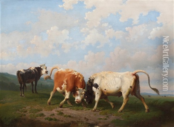 Two Fighting Bulls And A Frog, After A Fable Of Jean De La Fontaine Oil Painting - James De Rijk