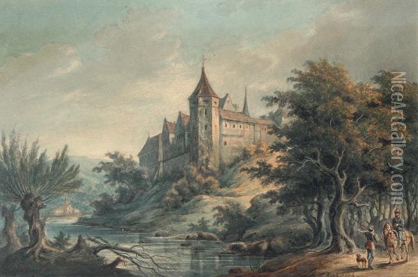 River Landscape
With Castle Oil Painting - B. C. Koek