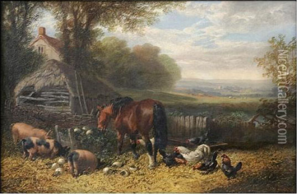 A Farmyard Scene, Before An Extensive Landscape Oil Painting - John Frederick Herring Snr