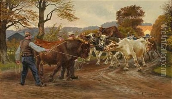 Farmers With Their Cattle On A Dirt Road Oil Painting - Karl Frederik Christian Hansen-Reistrup
