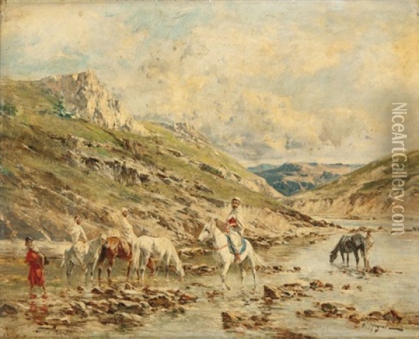Cavaliers Traversant Un Oued Oil Painting - Victor Pierre Huguet
