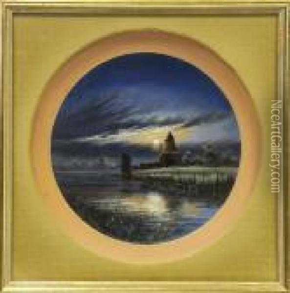 Wherrys Onthe Broads At Sunset And Moonlit Broads Scene Beside St Benetsabbey Oil Painting - Stephen John Batchelder