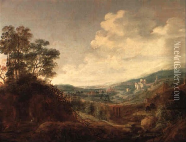 Weite Bewaldete Landschaft Mit Burg Und Dorf Oil Painting - Jacob De Villeers