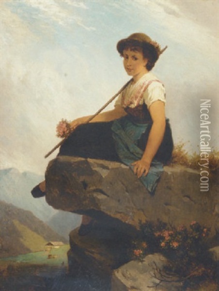 A Girl Seated On A Rock Holding A Staff And A Posy Of Flowers Oil Painting - Robert Julius Beyschlag