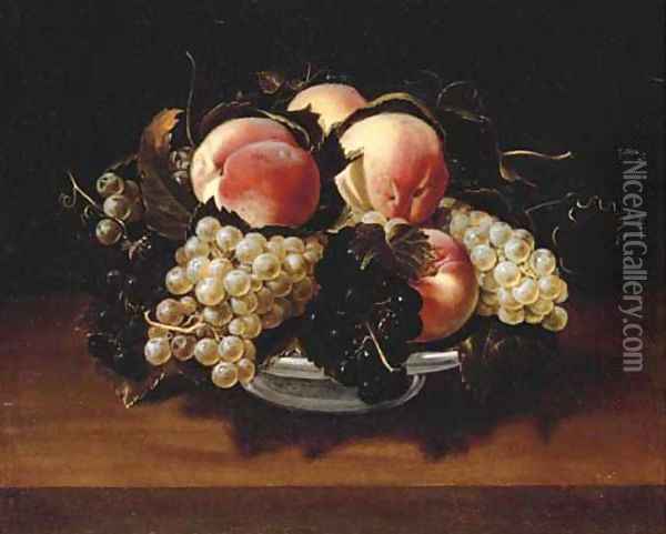 Peaches and grapes in a glass bowl on a stone ledge with a wasp Oil Painting - Panfilo Nuvolone