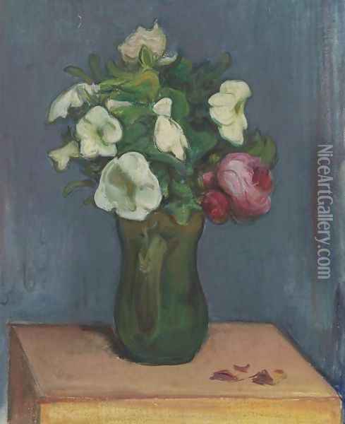 Jug of White Flowers and a Rose Oil Painting - Wladyslaw Slewinski