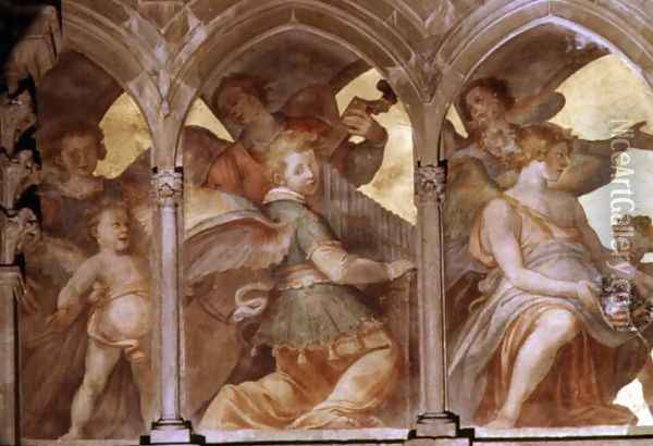 Musical angels within a trompe loeil cloister, from the interior west facade Oil Painting - Santi Di Tito