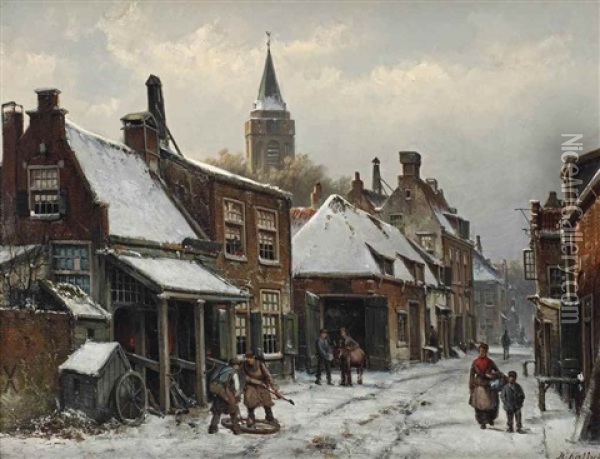 A Snow Covered Street With Figures In Front Of A Forge Oil Painting - Willem Koekkoek
