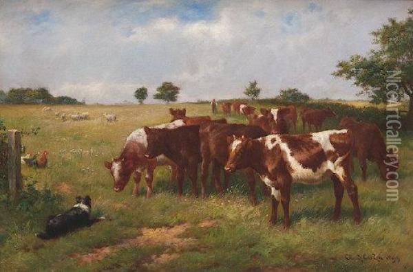 Calves Grazing Oil Painting - Claude Cardon