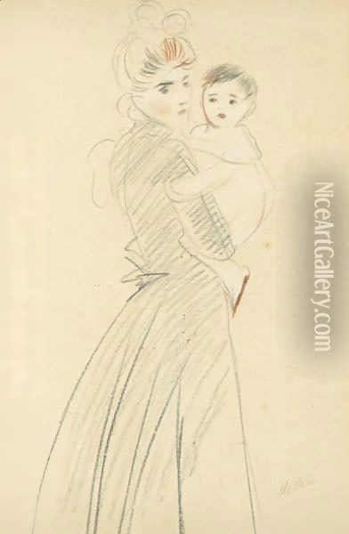 A Young Woman And Her Child Oil Painting - Paul Cesar Helleu