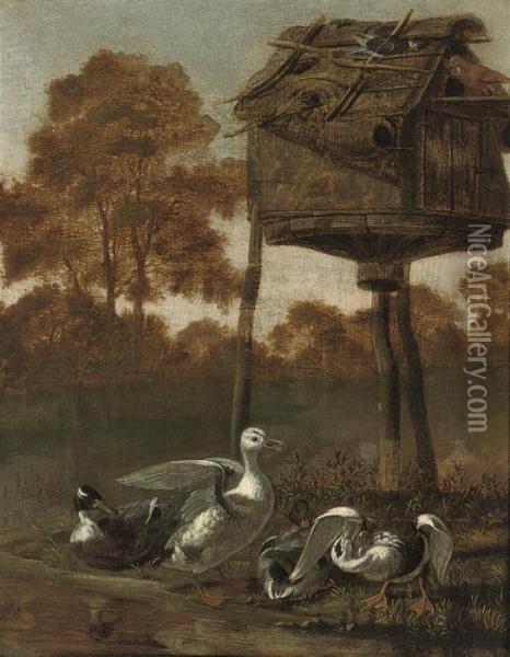 Ducks By A Stream With A Dovecote Oil Painting - Dirck Wyntrack