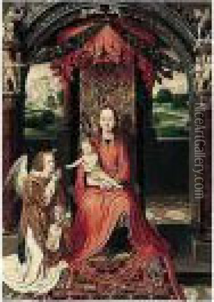 The Virgin And Child Enthroned, 
With An Angelic Musician Offering An Apple To The Christ Child Oil Painting - Hans Memling
