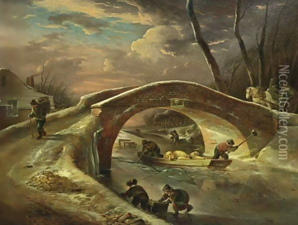 A Winter Landscape With A Horse Drawn Cart Going Over A Bridge, Peasants Transporting Pigs Over The River, And Children Sledging Oil Painting - Andries Vermeulen