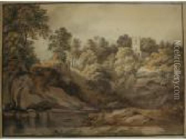 A Wooded Country Pool By A Church Oil Painting - John Glover