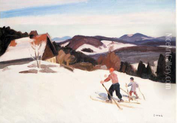 Skieurs Aux Rousses, Jura Oil Painting - Jules Emile Zingg
