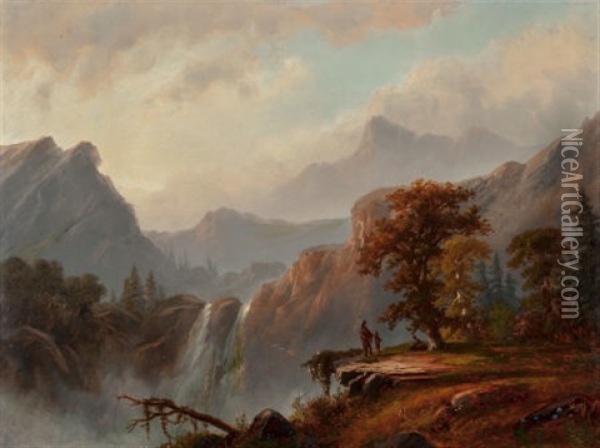 Indians By The Falls Oil Painting - Alexander Francois Loemans
