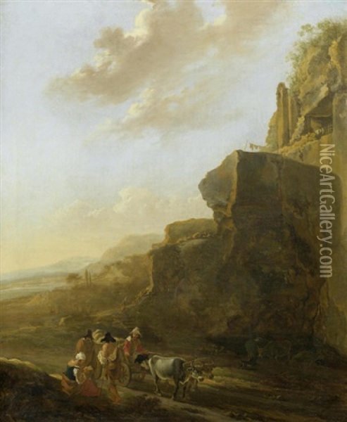 A Rocky Landscape With Four Figures Conversing In The Foreground Oil Painting - Jan Asselijn