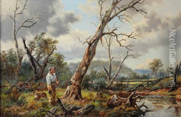 A Man Felling A Tree In A Wooded Landscape Oil Painting - James Alfred Turner
