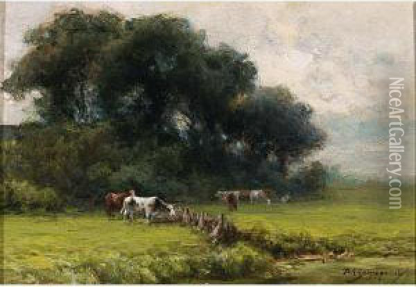 Cows In A Landscape Oil Painting - Piet Schipperus